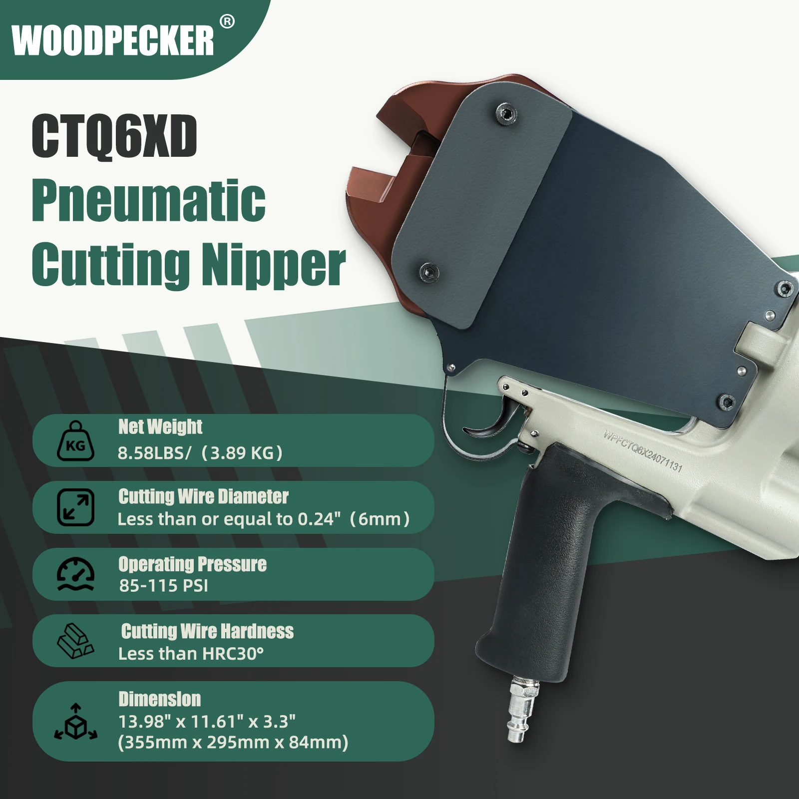 WOODPECKER CTQ6XD Пневматические кусачки для резки проволоки диаметром 4-5 мм, ножницы для проволоки с воздушной мощностью, инструмент для резки проволоки
WOODPECKER CTQ6XD Пневматические кусачки для резки проволоки диаметром 4-5 мм, ножницы для проволоки с воздушной мощностью, инструмент для резки проволоки