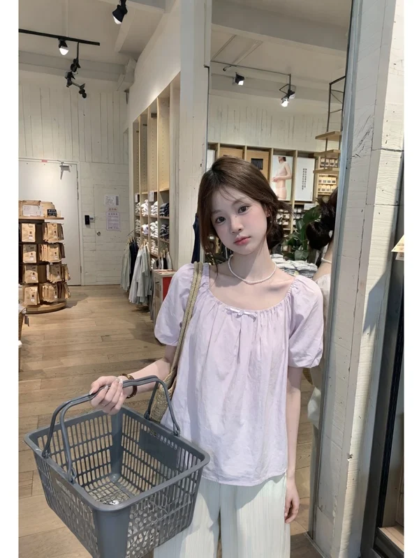 Summer Light Purple Bow Tie Women's Loose Bubble Sleeve Pleated Doll Shirt Small Size Versatile Age Reduction Top
Summer Light Purple Bow Tie Women's Loose Bubble Sleeve Pleated Doll Shirt Small Size Versatile Age Reduction Top