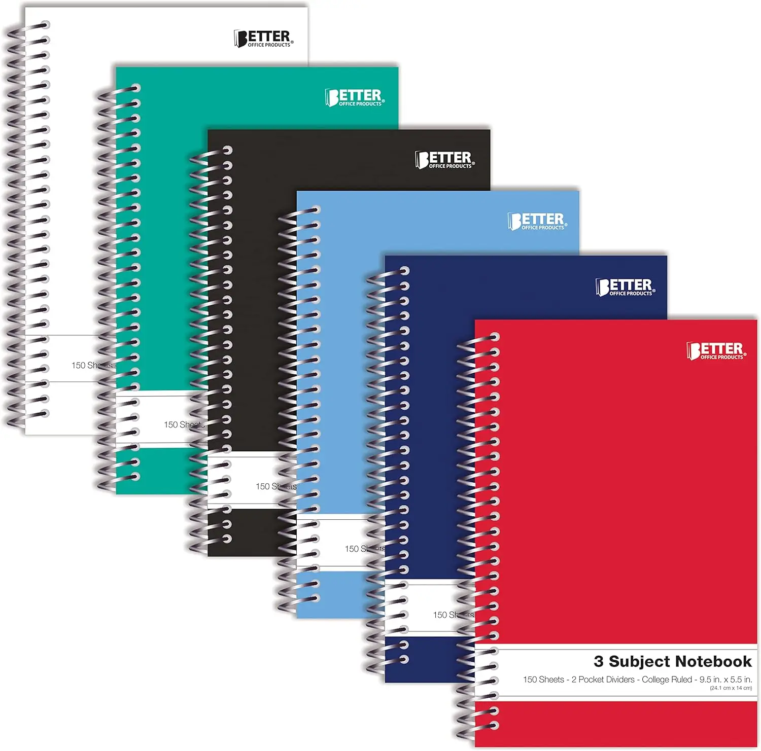 3 Subject Spiral Notebooks 6 Pack, 9.5 x 5.5 inch College Ruled with 150 Sheets and 2 Pocket Dividers, Assorted Colors
3 Subject Spiral Notebooks 6 Pack, 9.5 x 5.5 inch College Ruled with 150 Sheets and 2 Pocket Dividers, Assorted Colors