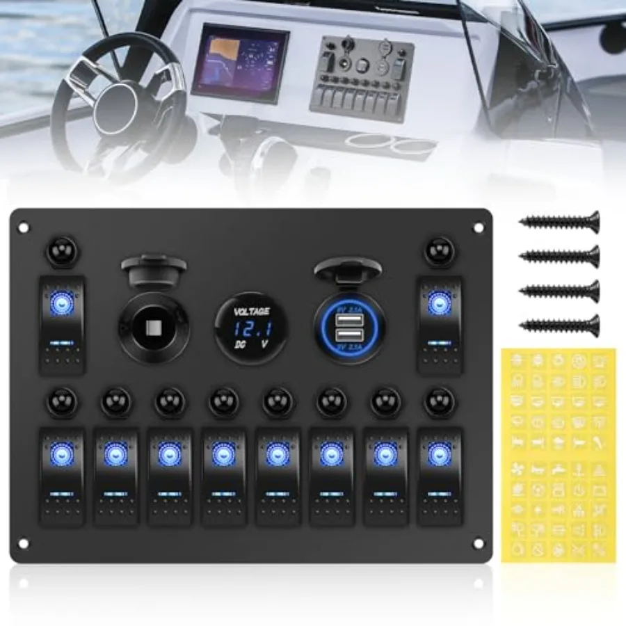 10 Gang Marine Rocker Switch Panel Boat Toggle Switches Panel with Reset Circuit Breaker Voltmeter 4.2A Car Cigarette Lighter S
10 Gang Marine Rocker Switch Panel Boat Toggle Switches Panel with Reset Circuit Breaker Voltmeter 4.2A Car Cigarette Lighter S