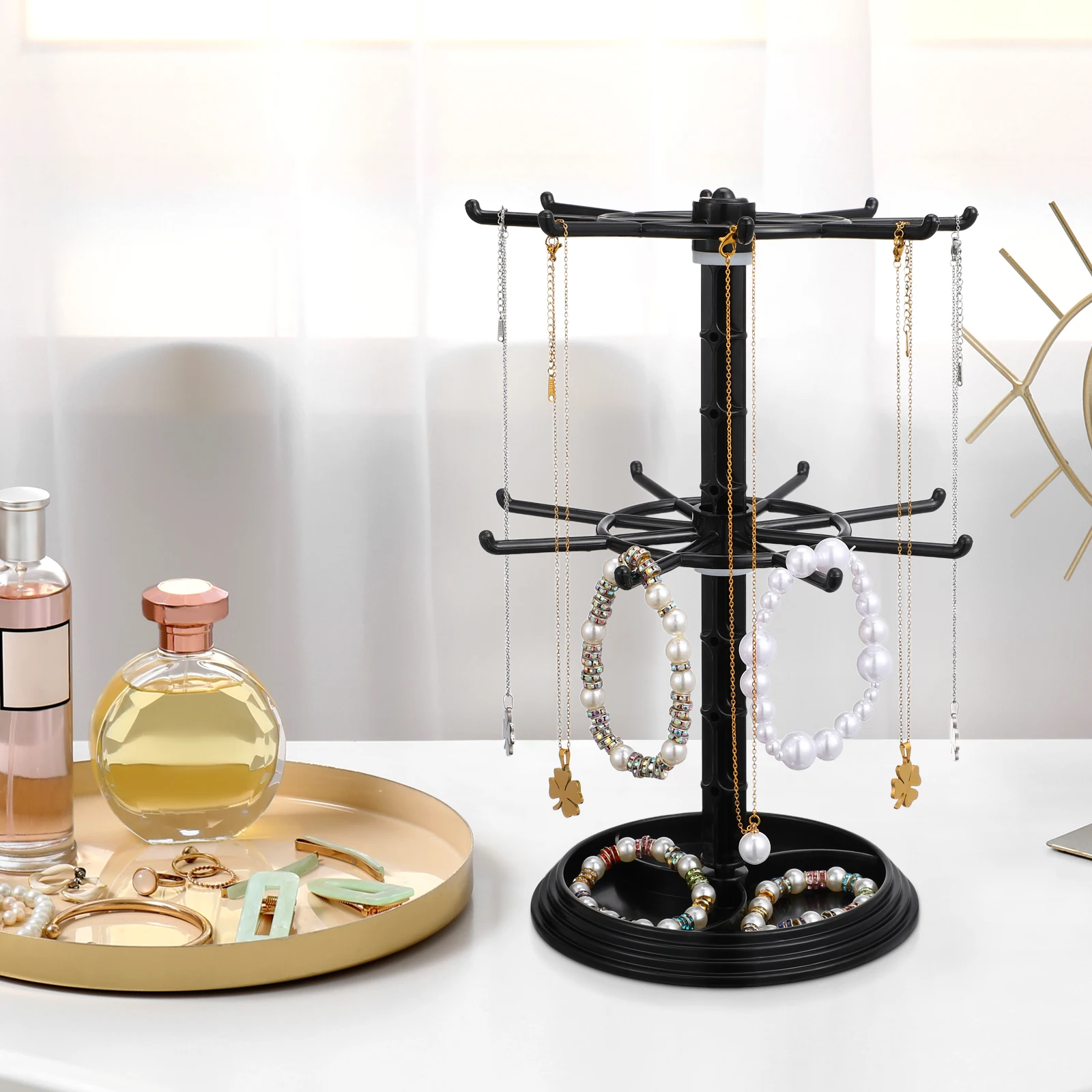 2 Tier Black Rotating Rack for Necklace Keychain Hair Display Stand Organizer Small Accessories Storage
2 Tier Black Rotating Rack for Necklace Keychain Hair Display Stand Organizer Small Accessories Storage