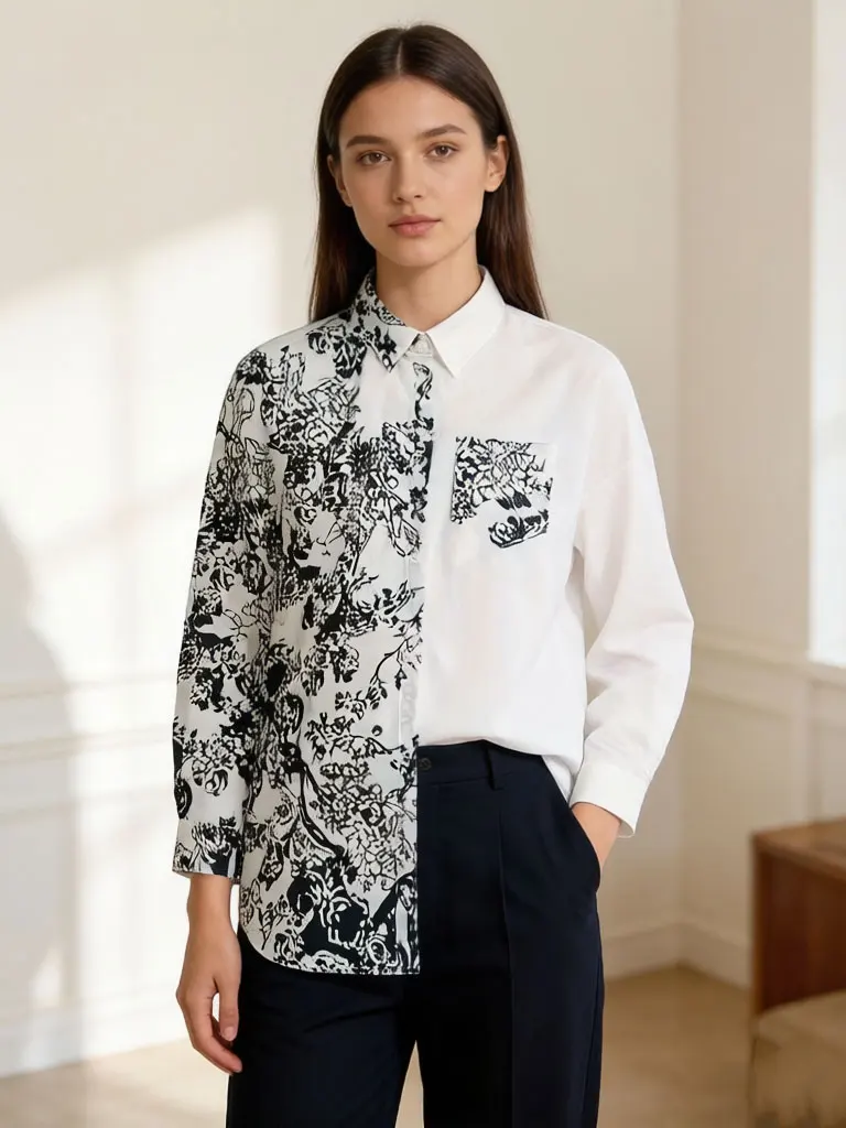 Ladies' oversized long sleeved shirt with asymmetrical black and white floral print, retro streetwear casual loose top, s
Ladies' oversized long sleeved shirt with asymmetrical black and white floral print, retro streetwear casual loose top, s