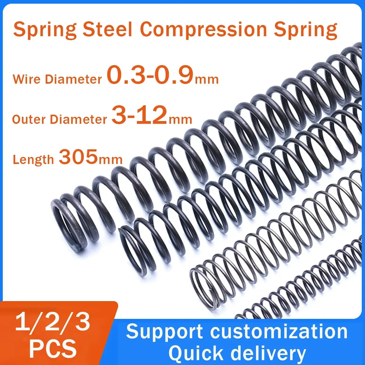 Spring Steel Compression Spring High Elasticity Wire Diameter 0.3-0.9mm Outer Diameter 3-12mm Length 305mm Customization
Spring Steel Compression Spring High Elasticity Wire Diameter 0.3-0.9mm Outer Diameter 3-12mm Length 305mm Customization