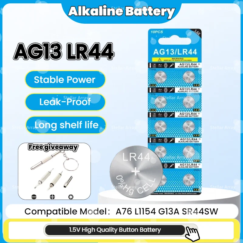 High Performance LR44 AG13 SR44 A76 1.5V Alkaline Coin Cell Battery for Electronic Gadgets, Watches, Calculators & Key Fobs
High Performance LR44 AG13 SR44 A76 1.5V Alkaline Coin Cell Battery for Electronic Gadgets, Watches, Calculators & Key Fobs