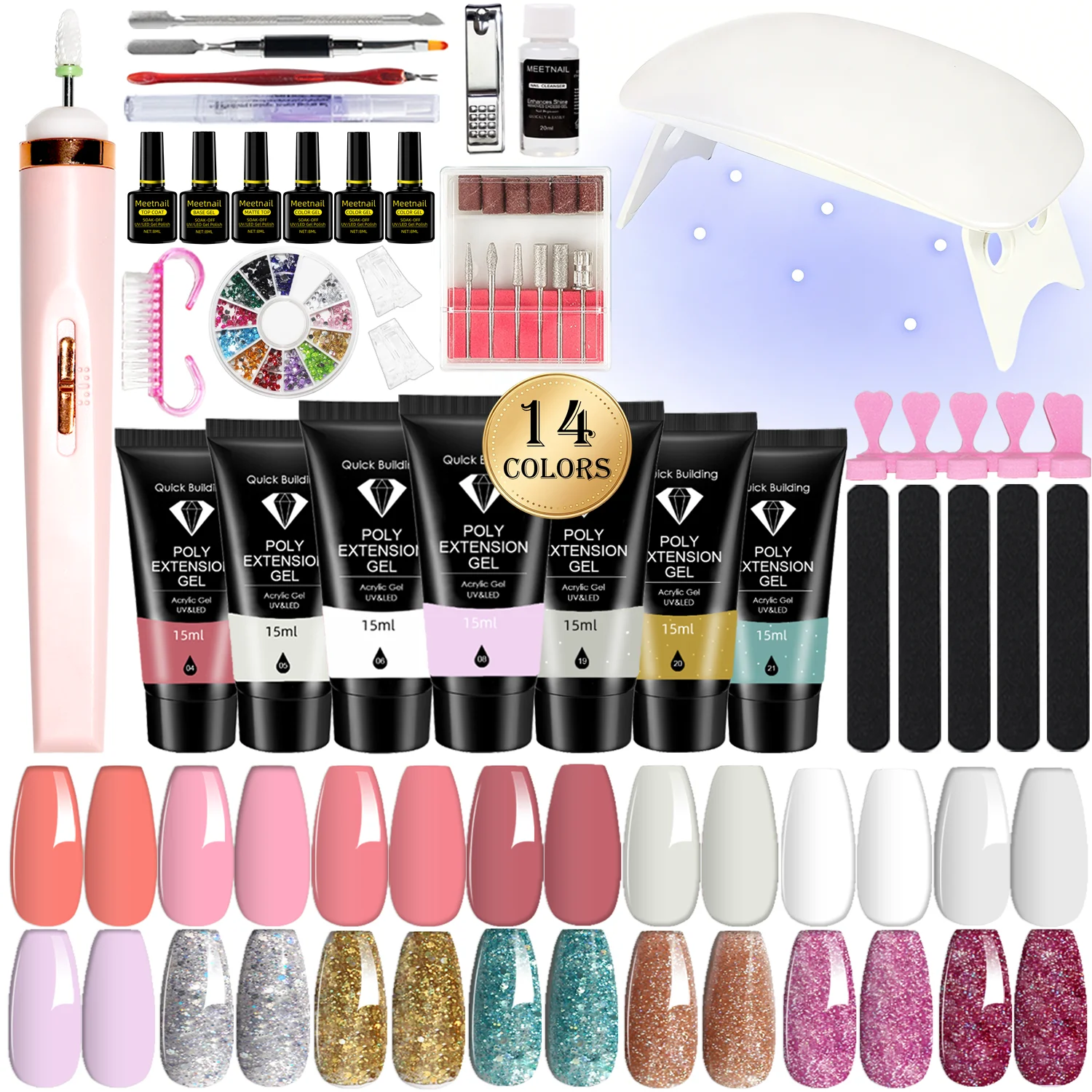 40Pcs Poly Nail Gel Kit with Drill & UV Light, 14 Colors Poly Nail Extension Gel + Glossy Matte Top Coat + Nail Rhinestones, Hom
40Pcs Poly Nail Gel Kit with Drill & UV Light, 14 Colors Poly Nail Extension Gel + Glossy Matte Top Coat + Nail Rhinestones, Hom