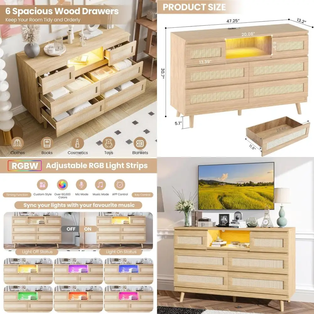 6 Drawer Bedroom Set with Natural Wood, LED Lights, Charging Station, TV Stand, and Storage Solutions
6 Drawer Bedroom Set with Natural Wood, LED Lights, Charging Station, TV Stand, and Storage Solutions