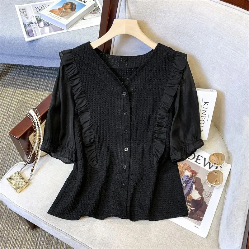 plus Size Women's Shirt Summer Fashionable V-Neck Slimming Short Sleeve Top Trendy Age-Defying Chinese Brand Loose Fit Cotton
plus Size Women's Shirt Summer Fashionable V-Neck Slimming Short Sleeve Top Trendy Age-Defying Chinese Brand Loose Fit Cotton