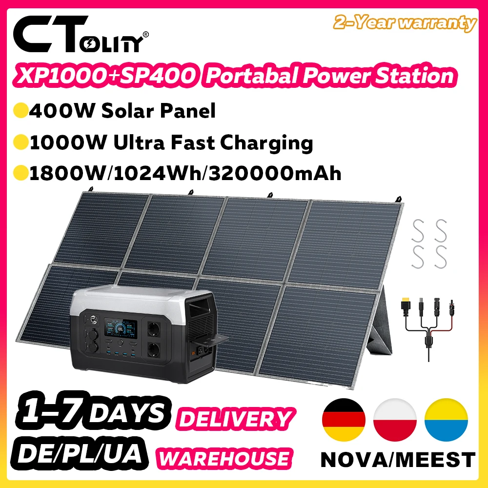 CTOLITY XP1000 Solar Generator Kit with 400W Foldable Solar Panel 1024WH 1800W UPS Power Station Home Emergency Power Supply
CTOLITY XP1000 Solar Generator Kit with 400W Foldable Solar Panel 1024WH 1800W UPS Power Station Home Emergency Power Supply