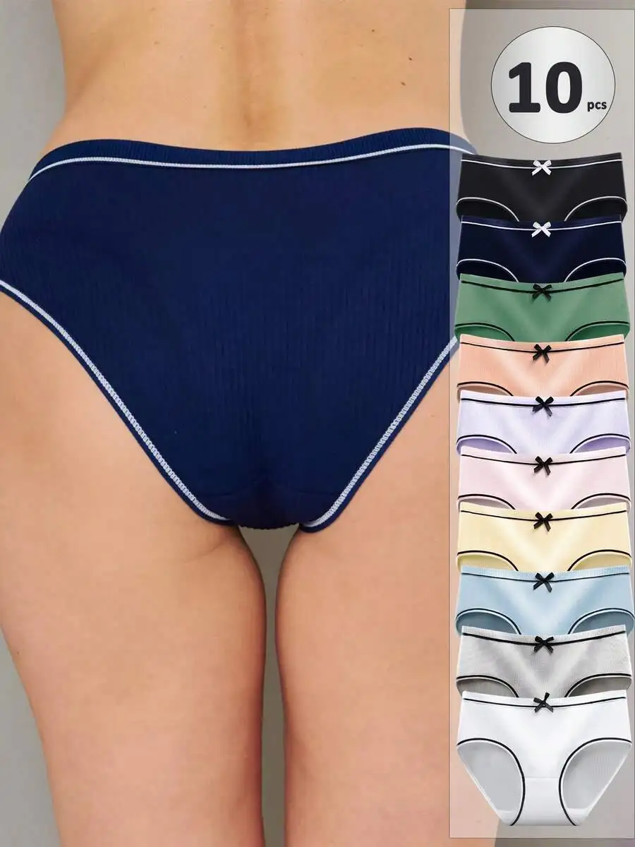 10pcs Solid Ribbed Panties With Bow Trim Soft Cotton Blend Mid Waist Multi Colors
10pcs Solid Ribbed Panties With Bow Trim Soft Cotton Blend Mid Waist Multi Colors