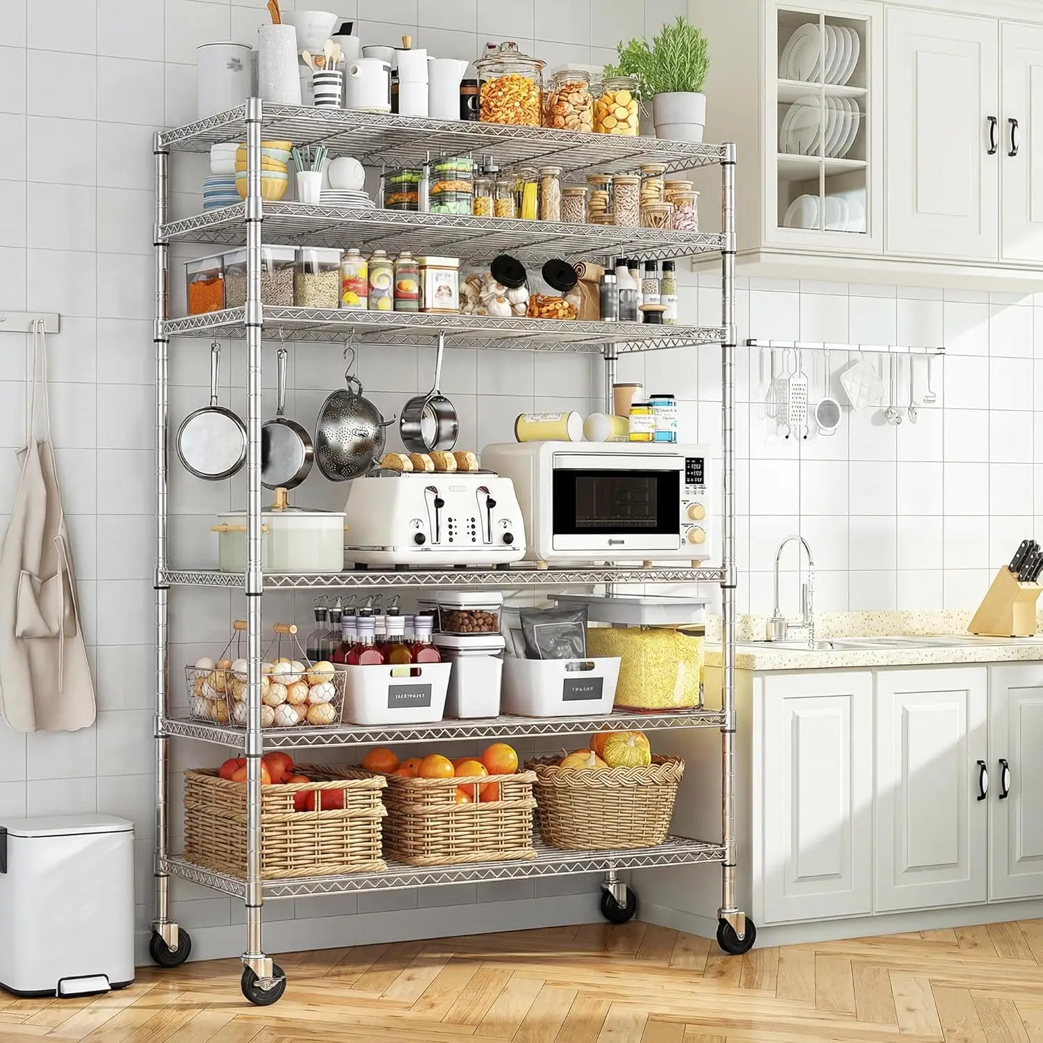 6 Tier Adjustable Wire Storage Shelves, chrome finish with wheels, 1200LBS load for garage, pantry and closet
6 Tier Adjustable Wire Storage Shelves, chrome finish with wheels, 1200LBS load for garage, pantry and closet