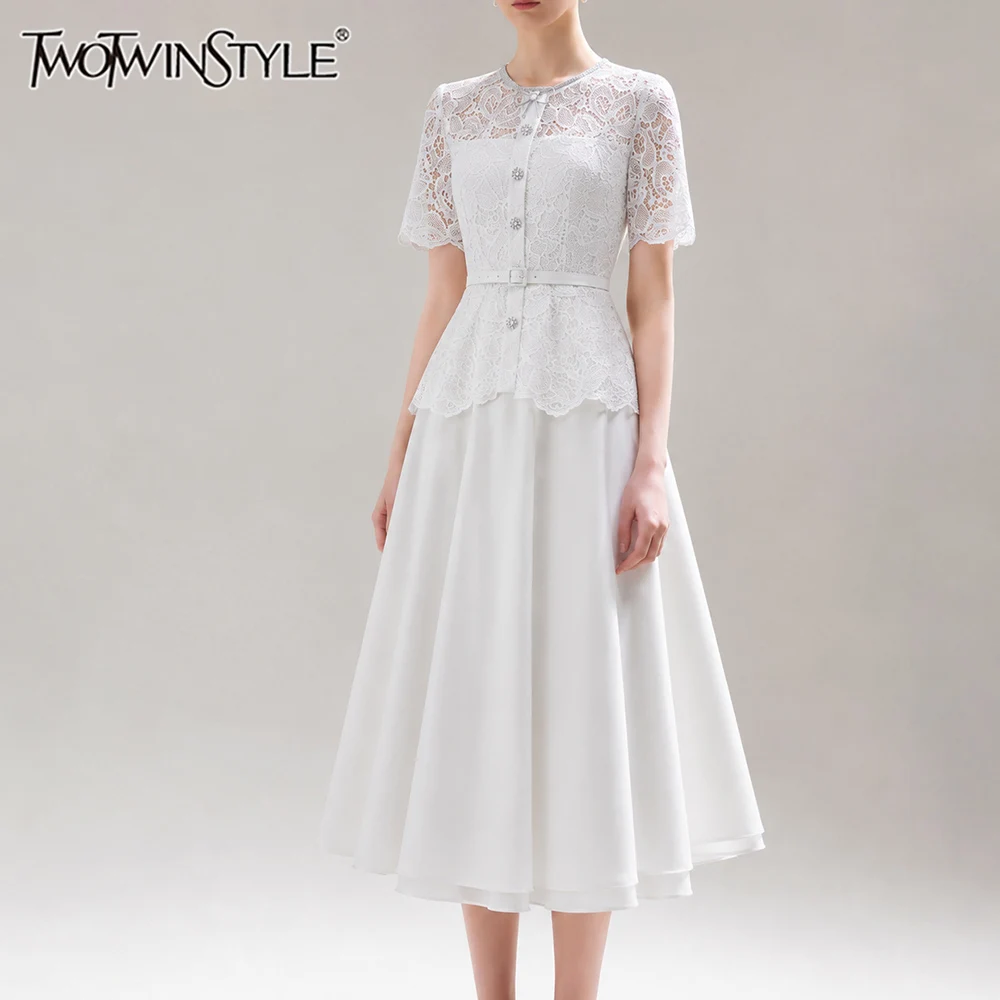 TWOTWINSTYLE Solid Slimming Spliced Lace Dress for Women Round Neck Short Sleeves Patchwork Belt Midi Dresses Female Fashion New
TWOTWINSTYLE Solid Slimming Spliced Lace Dress for Women Round Neck Short Sleeves Patchwork Belt Midi Dresses Female Fashion New