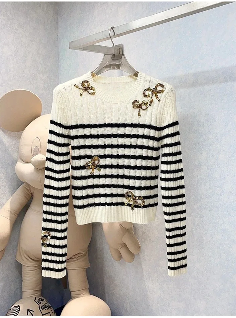 Korean 2023 Autumn Chic Women High Quality Bowtie Beading Stripe Sweaters Top C909
Korean 2023 Autumn Chic Women High Quality Bowtie Beading Stripe Sweaters Top C909