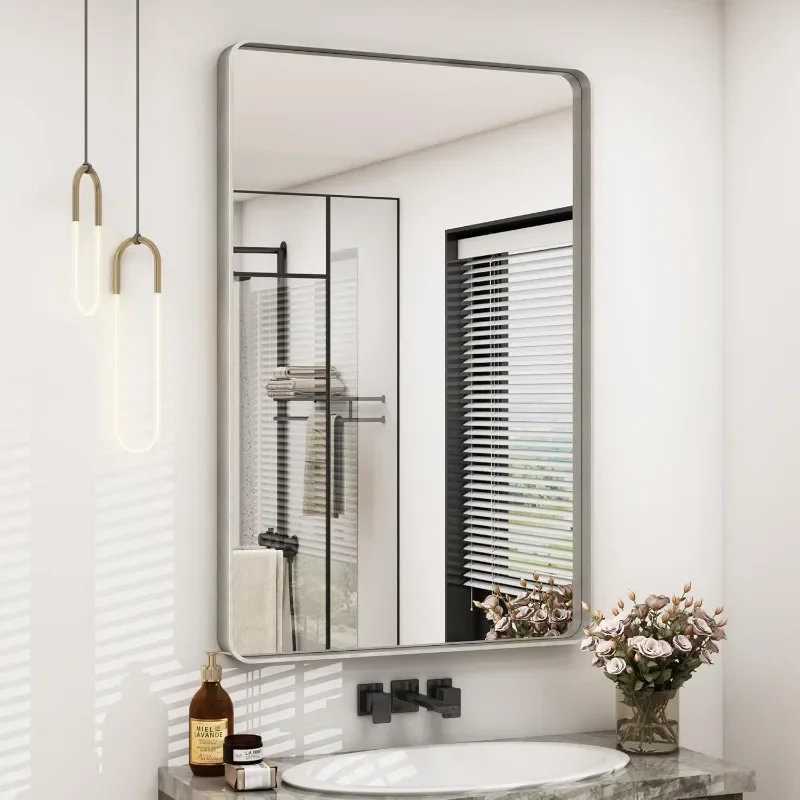 24x36 Silver Bathroom Mirror for Wall, Brushed Metal Framed Bathroom Vanity Mirror, Modern Rounded Corner Rectangle Mirror,
24x36 Silver Bathroom Mirror for Wall, Brushed Metal Framed Bathroom Vanity Mirror, Modern Rounded Corner Rectangle Mirror,