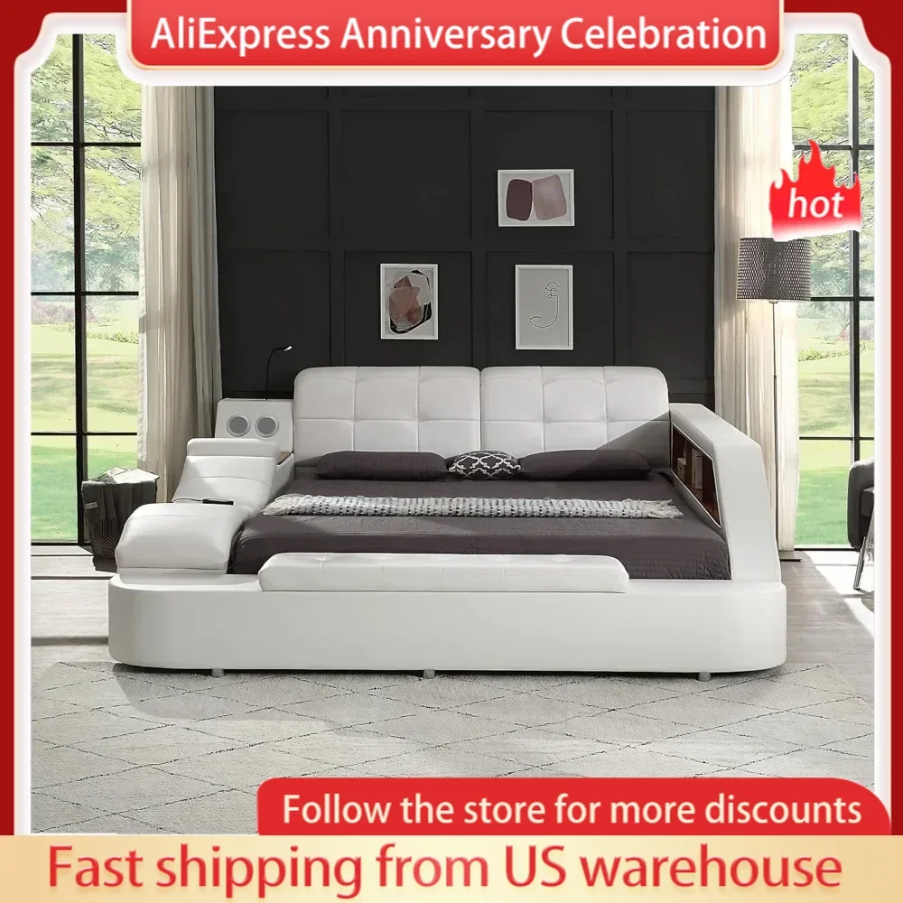 Multifunction Smart Queen Bed Frame, Luxury Upholstered Platform with Massage Recliner/Speaker/USB Port/Storage Drawers
Multifunction Smart Queen Bed Frame, Luxury Upholstered Platform with Massage Recliner/Speaker/USB Port/Storage Drawers