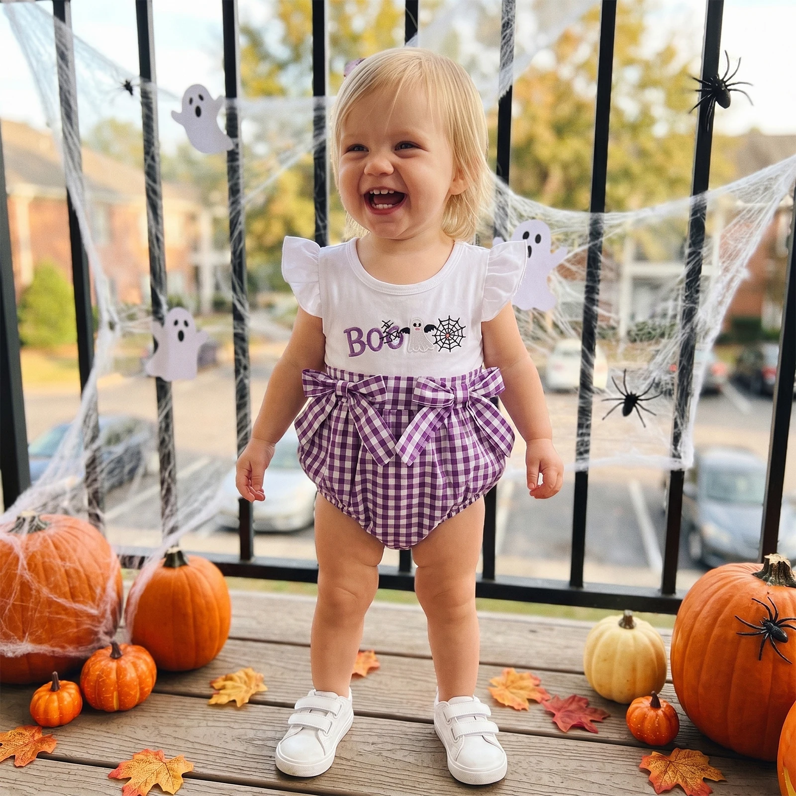 Baby Girls Halloween Plaid Romper Flying Sleeve Crewneck Ghost Spiderweb Embroidery Bodysuit with Bow
Baby Girls Halloween Plaid Romper Flying Sleeve Crewneck Ghost Spiderweb Embroidery Bodysuit with Bow