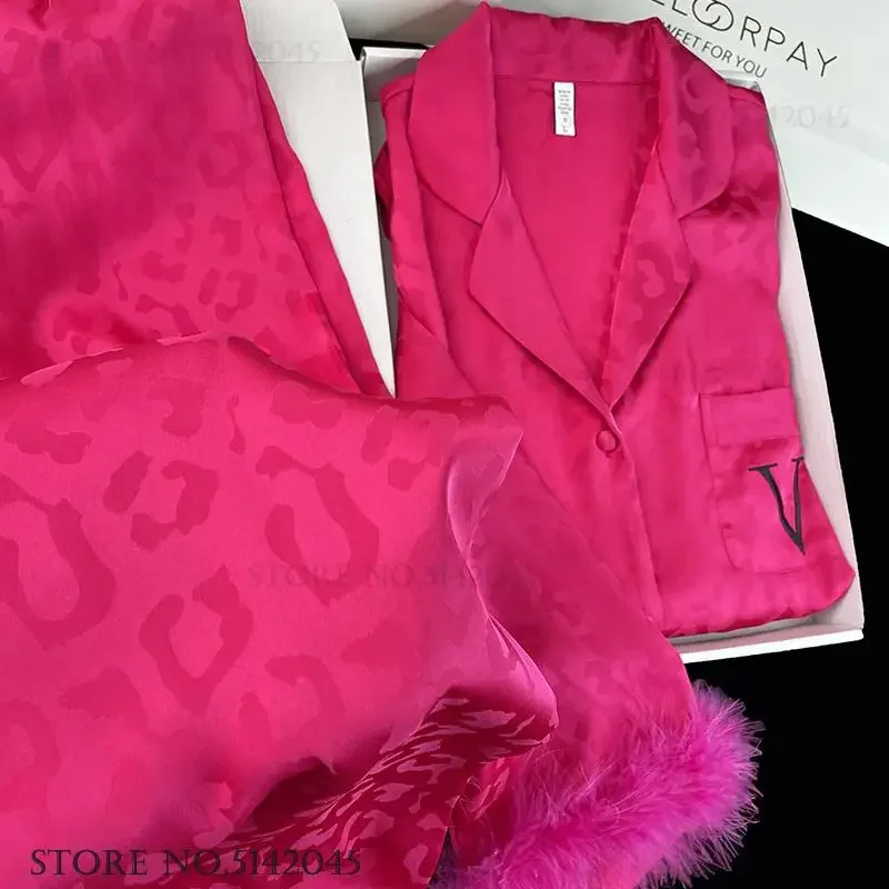 Fashion Women's Sleepwear 2PCS Pjs Set Sexy Leopard Feathers Trouser Suits Home Clothes Loose Silky Satin Pyjama Loungewear
Fashion Women's Sleepwear 2PCS Pjs Set Sexy Leopard Feathers Trouser Suits Home Clothes Loose Silky Satin Pyjama Loungewear
