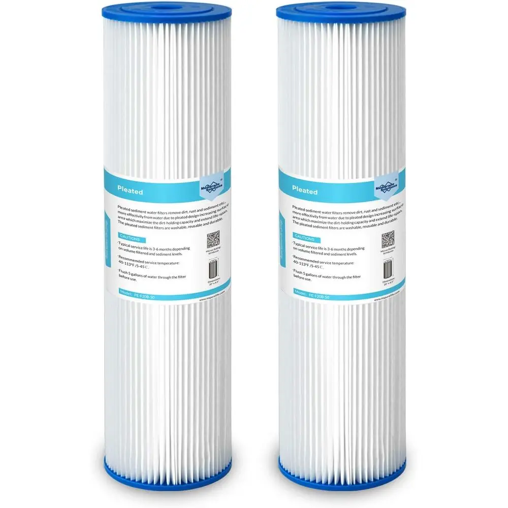 50 Micron 20x4.5 Heavy Duty Pleated Sediment Water Filter Cartridge Replacement for Whole House Systems - 2 Pack
50 Micron 20x4.5 Heavy Duty Pleated Sediment Water Filter Cartridge Replacement for Whole House Systems - 2 Pack