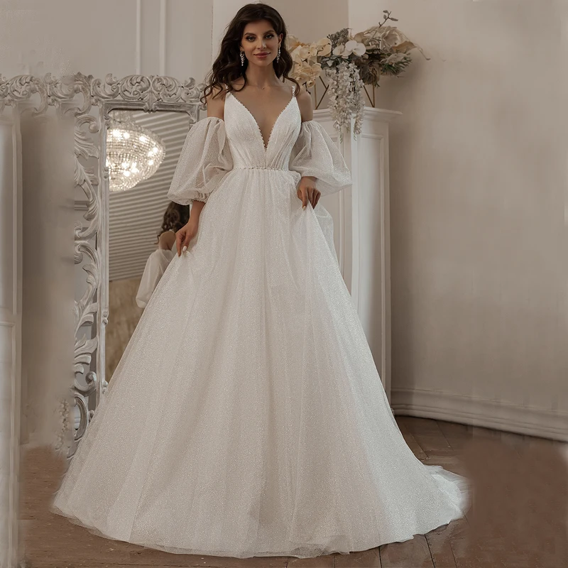 V-Neck Spaghetti Straps Bead Pleat Detachable 3/4 Sleeve Lace Up Glitter Tulle A-Line Wedding Dress Bridal Gown Vestido De Noiva
V-Neck Spaghetti Straps Bead Pleat Detachable 3/4 Sleeve Lace Up Glitter Tulle A-Line Wedding Dress Bridal Gown Vestido De Noiva