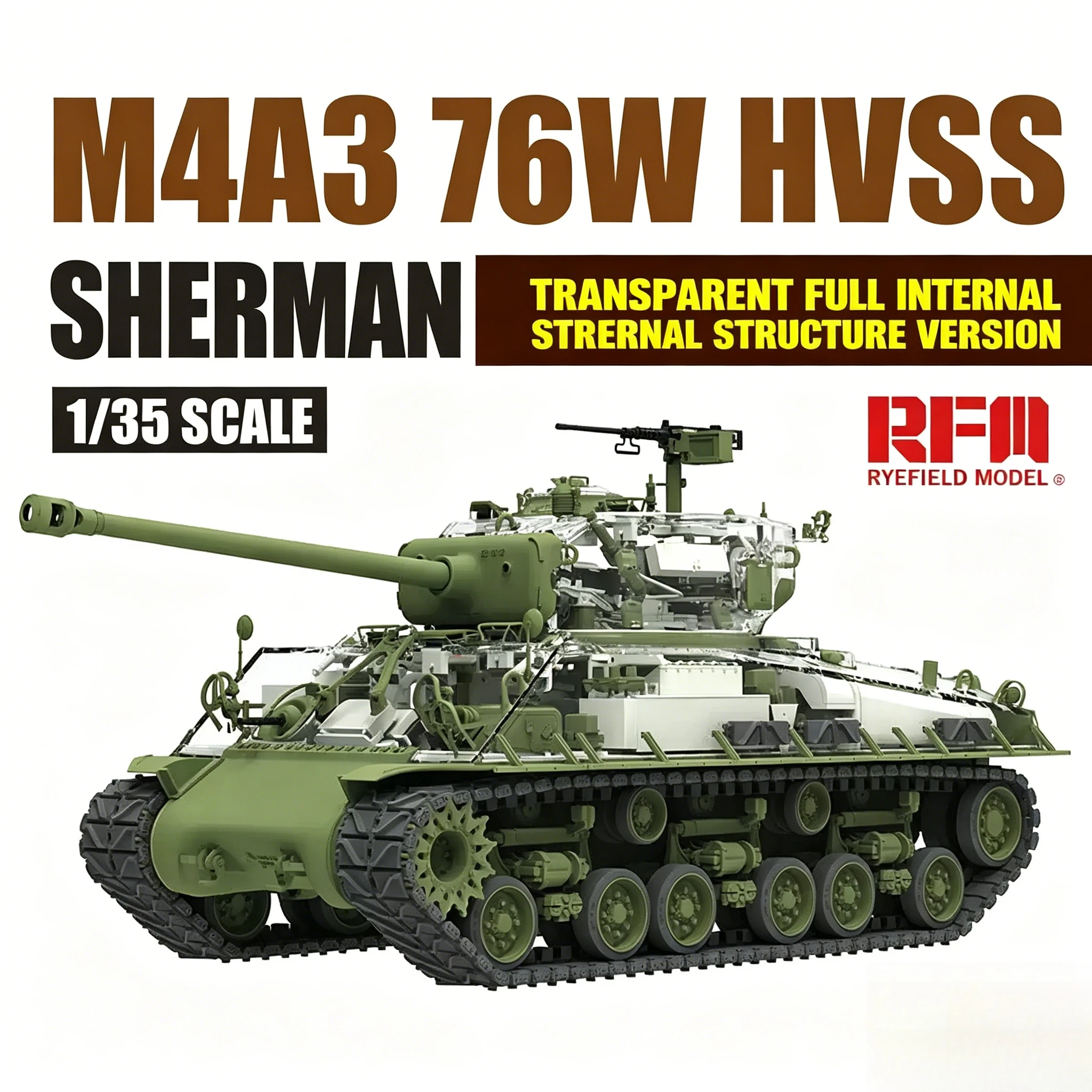 Ryefield model assembled tank model kit RM-5162 M4A3 76W HVSS Sherman Clear Full Interior 1/35
Ryefield model assembled tank model kit RM-5162 M4A3 76W HVSS Sherman Clear Full Interior 1/35