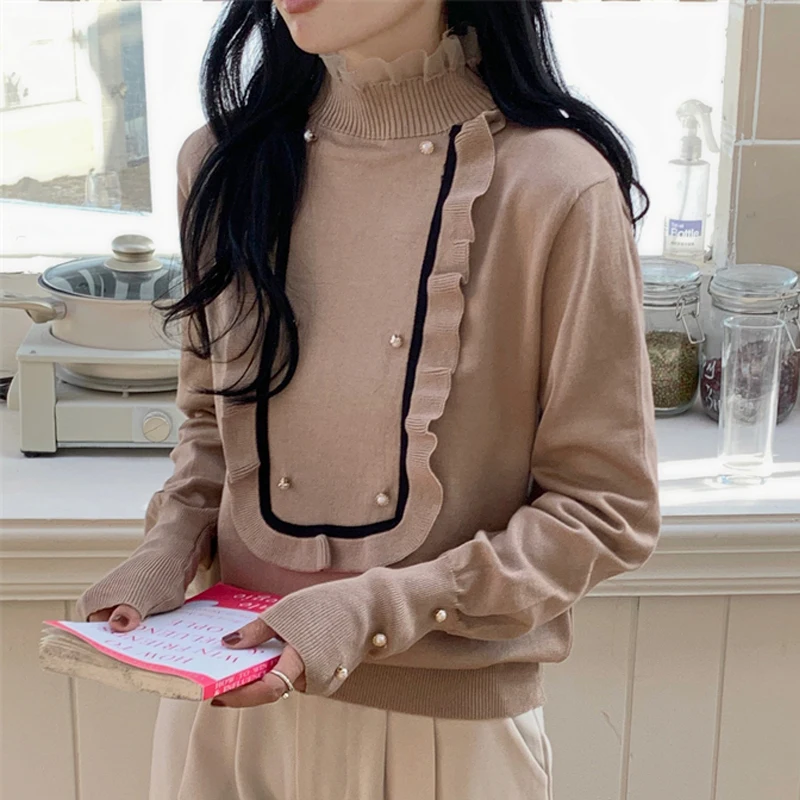 Винтажная модная вязаная рубашка с воротником и оборками, женский свитер с длинными рукавами, осень-зима, повседневные нижние топы
Винтажная модная вязаная рубашка с воротником и оборками, женский свитер с длинными рукавами, осень-зима, повседневные нижние топы