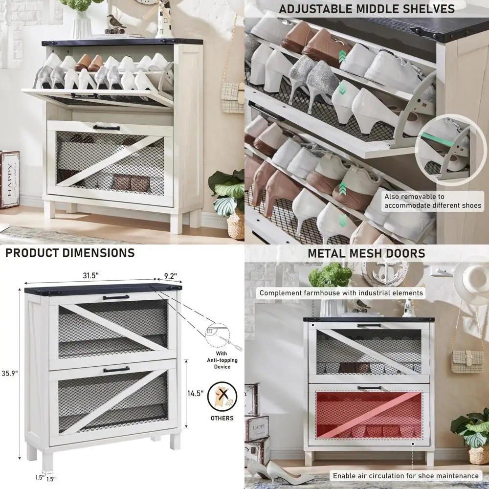 Farmhouse Style Shoe Cabinet with 2 Drawers, Mesh Door, Adjustable Shelves, Rustic Wooden Storage
Farmhouse Style Shoe Cabinet with 2 Drawers, Mesh Door, Adjustable Shelves, Rustic Wooden Storage