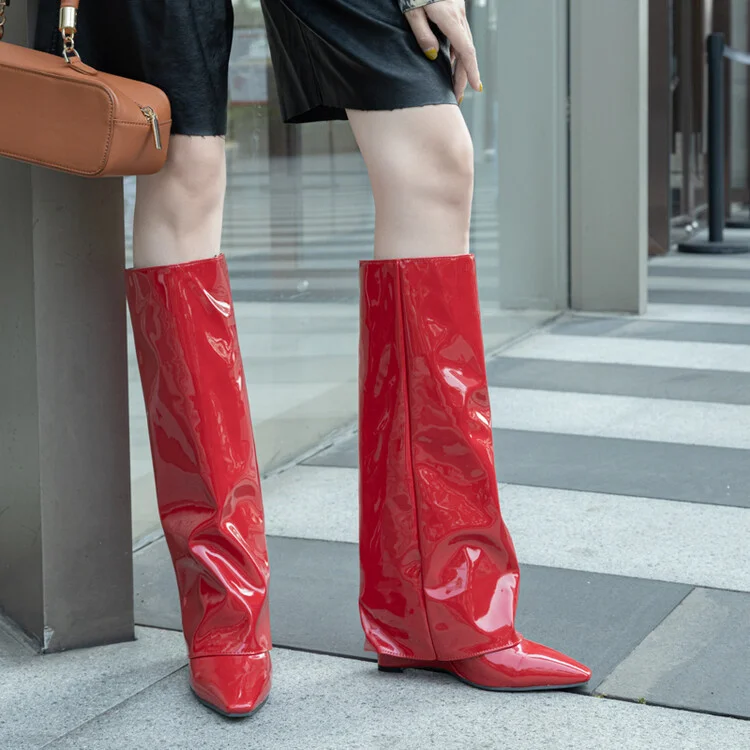 Fashion Red Patent Wedge Heel Knee High Boots Women's Trouser Boots Pointed Slip On Shoes
Fashion Red Patent Wedge Heel Knee High Boots Women's Trouser Boots Pointed Slip On Shoes
