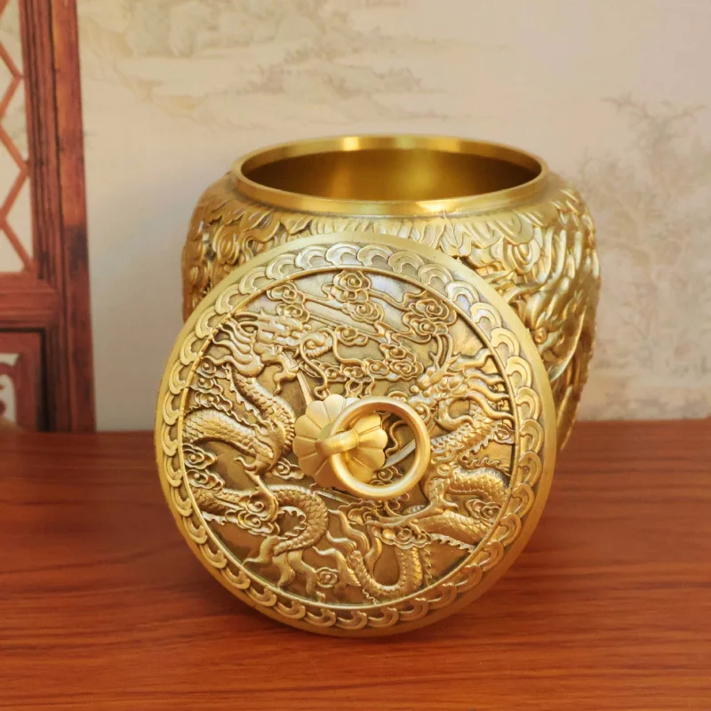 Copper Tea Canister Brass Tea Jar Sealed Jar Large Brass Ornament Double Dragon Jar with Lid Household Living Room Storage Jar
Copper Tea Canister Brass Tea Jar Sealed Jar Large Brass Ornament Double Dragon Jar with Lid Household Living Room Storage Jar