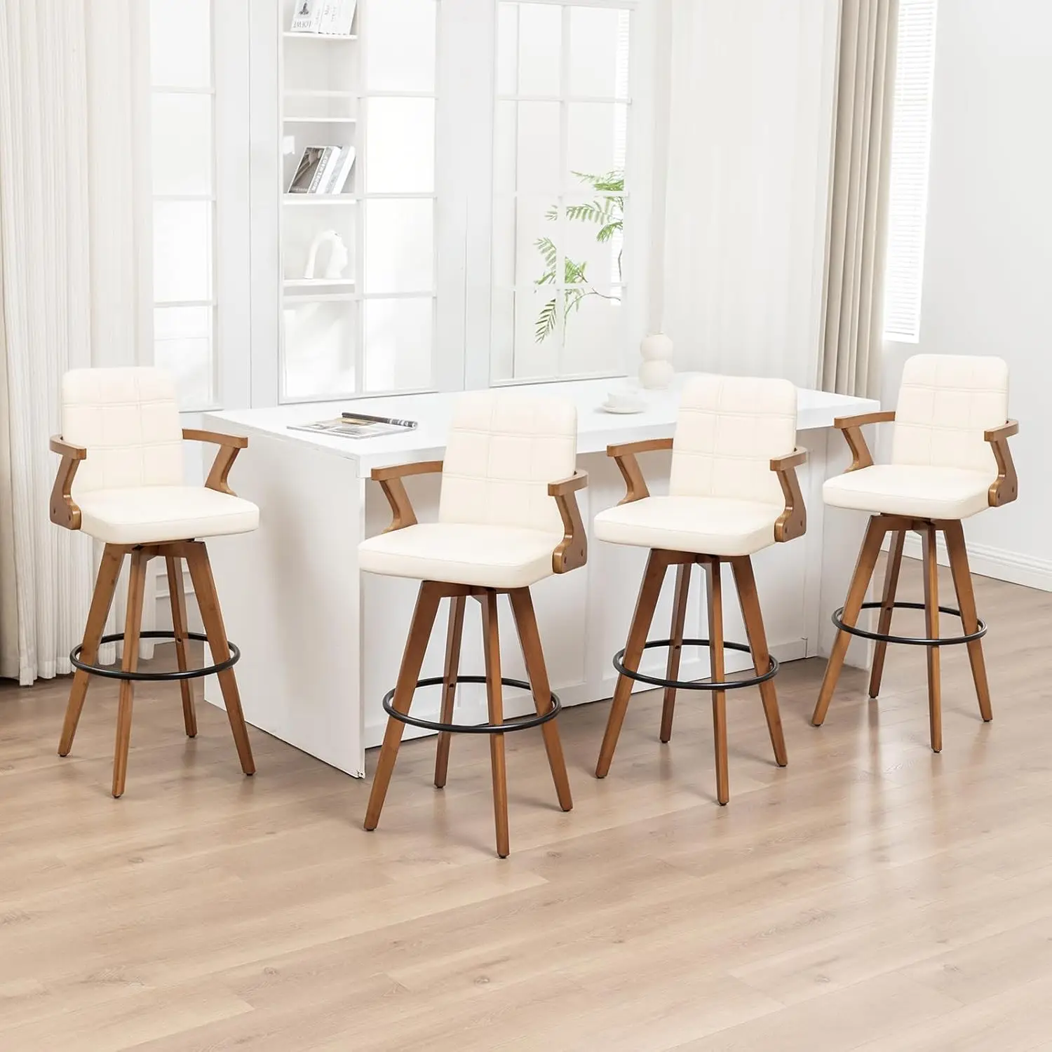 360°Swivel Bar Stools 4pc Walnut 30in Kitchen Island Thick Padded Faux Leather Bentwood Back Armrest Bamboo Legs, Customized
360°Swivel Bar Stools 4pc Walnut 30in Kitchen Island Thick Padded Faux Leather Bentwood Back Armrest Bamboo Legs, Customized