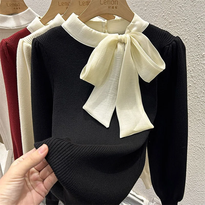 Fashion Bow Collar Knitted Sweater Pullover Women's Spring Autumn Slim Long Sleeves Bottoming Shirt Short Top Female NEW
Fashion Bow Collar Knitted Sweater Pullover Women's Spring Autumn Slim Long Sleeves Bottoming Shirt Short Top Female NEW