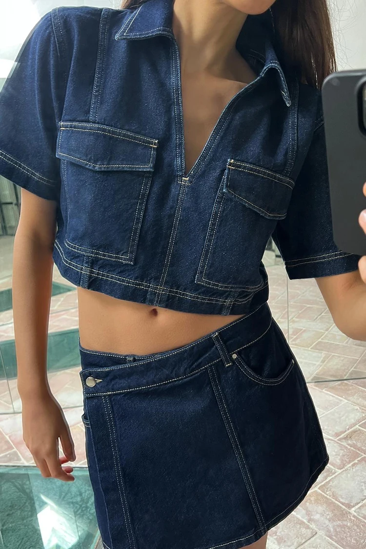 Women Summer Suits Denim Blue Turn-Down Collar Short Sleeves Pocket Decoration Shirts+Mid Waist Asymmetrical Shorts
Women Summer Suits Denim Blue Turn-Down Collar Short Sleeves Pocket Decoration Shirts+Mid Waist Asymmetrical Shorts