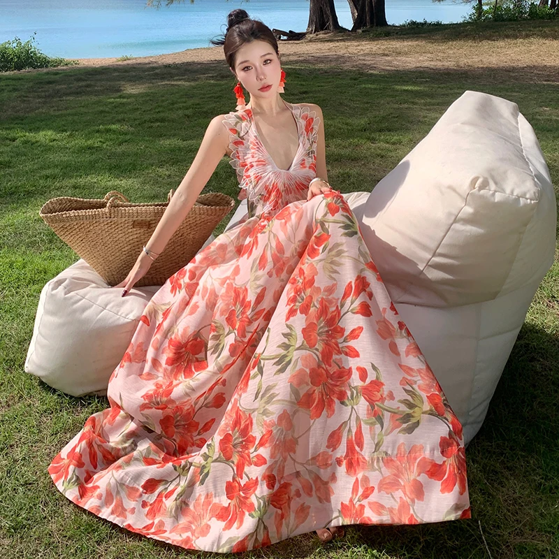 Fashion New Chic Flower Print Lace Patchwork V Neck Sleeveless Summer WOmen Halter Backless Beach Vacation Party Dresses
Fashion New Chic Flower Print Lace Patchwork V Neck Sleeveless Summer WOmen Halter Backless Beach Vacation Party Dresses