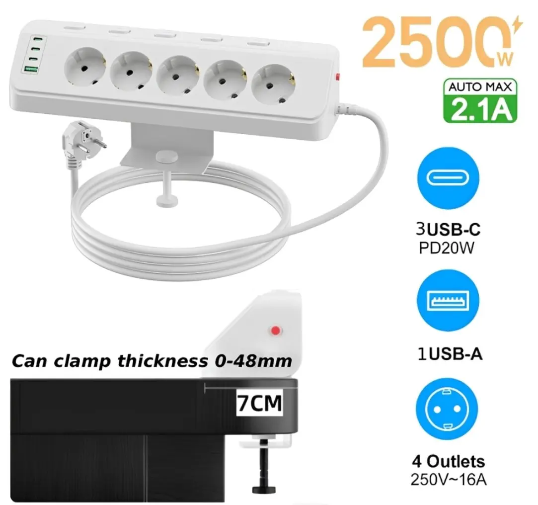 Eu Plug Multi-function power strip with desktop clamp 4 AC power outlets 1 USB-A and 3 USB-C 2 meter cable independent switches
Eu Plug Multi-function power strip with desktop clamp 4 AC power outlets 1 USB-A and 3 USB-C 2 meter cable independent switches