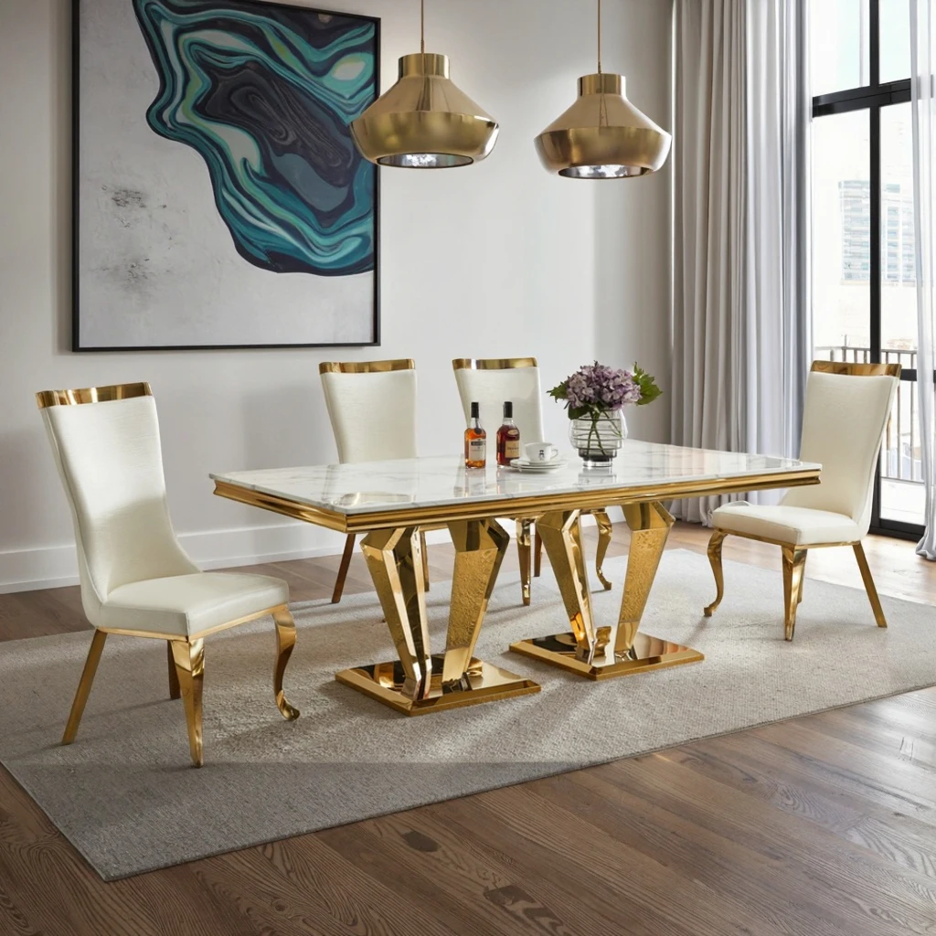 Современный обеденный стол с мраморной столешницей и позолоченным геометрическим металлическим основанием для домашнего отеля или квартиры
Современный обеденный стол с мраморной столешницей и позолоченным геометрическим металлическим основанием для домашнего отеля или квартиры