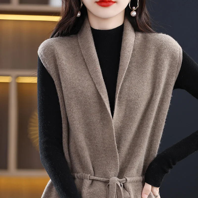 Women's Wool Knitted Vest Autumn Winter Outerwear Camere Sweater Cardigan Mid-Length Pure Color Belted Sle Chinese Made
Women's Wool Knitted Vest Autumn Winter Outerwear Camere Sweater Cardigan Mid-Length Pure Color Belted Sle Chinese Made