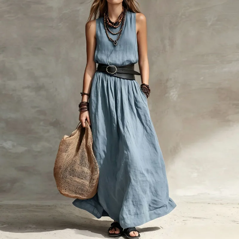 Vintage Brown Sleeveless Long Dresses Womens Round Neck High Waist Pleated Loose Maxi Dress Casual Bohemian Holiday A-Line Dress
Vintage Brown Sleeveless Long Dresses Womens Round Neck High Waist Pleated Loose Maxi Dress Casual Bohemian Holiday A-Line Dress