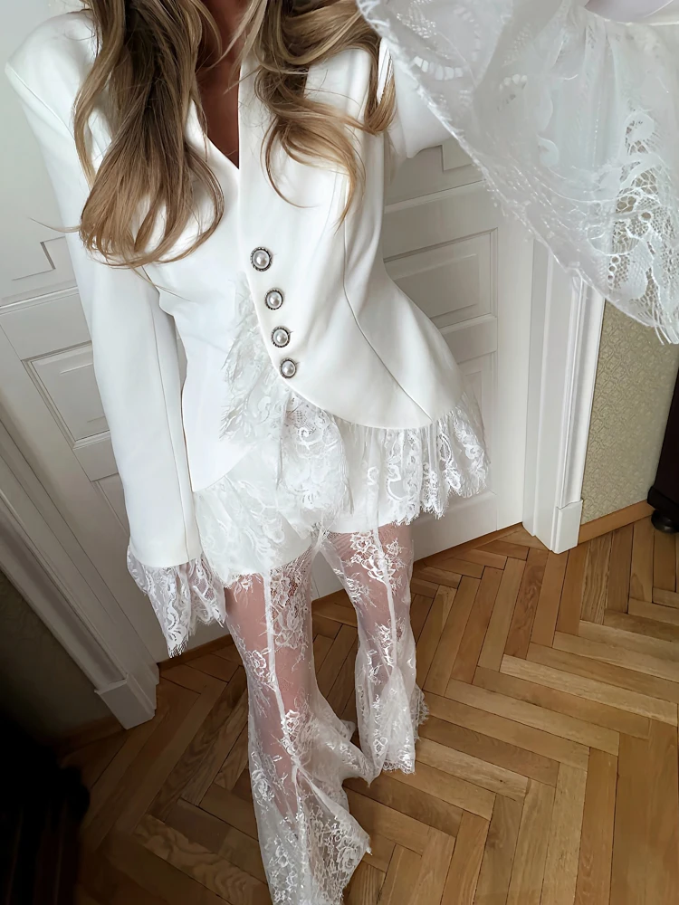 Sexy V-neck Single Breasted & Flare Pant Women Outfits Fashion Sheer Solid 2 Piece Sets Elegant Lace Patchwork Perspective Suit
Sexy V-neck Single Breasted & Flare Pant Women Outfits Fashion Sheer Solid 2 Piece Sets Elegant Lace Patchwork Perspective Suit