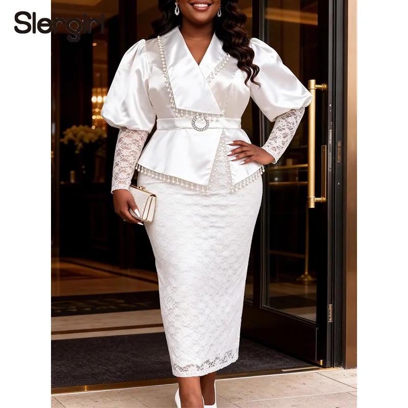 Slergiri Plus Size White Satin Puff Sleeve Lace Dress Women's Spring Summer Notched Neck Beading Elegant Party Long Dresses
Slergiri Plus Size White Satin Puff Sleeve Lace Dress Women's Spring Summer Notched Neck Beading Elegant Party Long Dresses