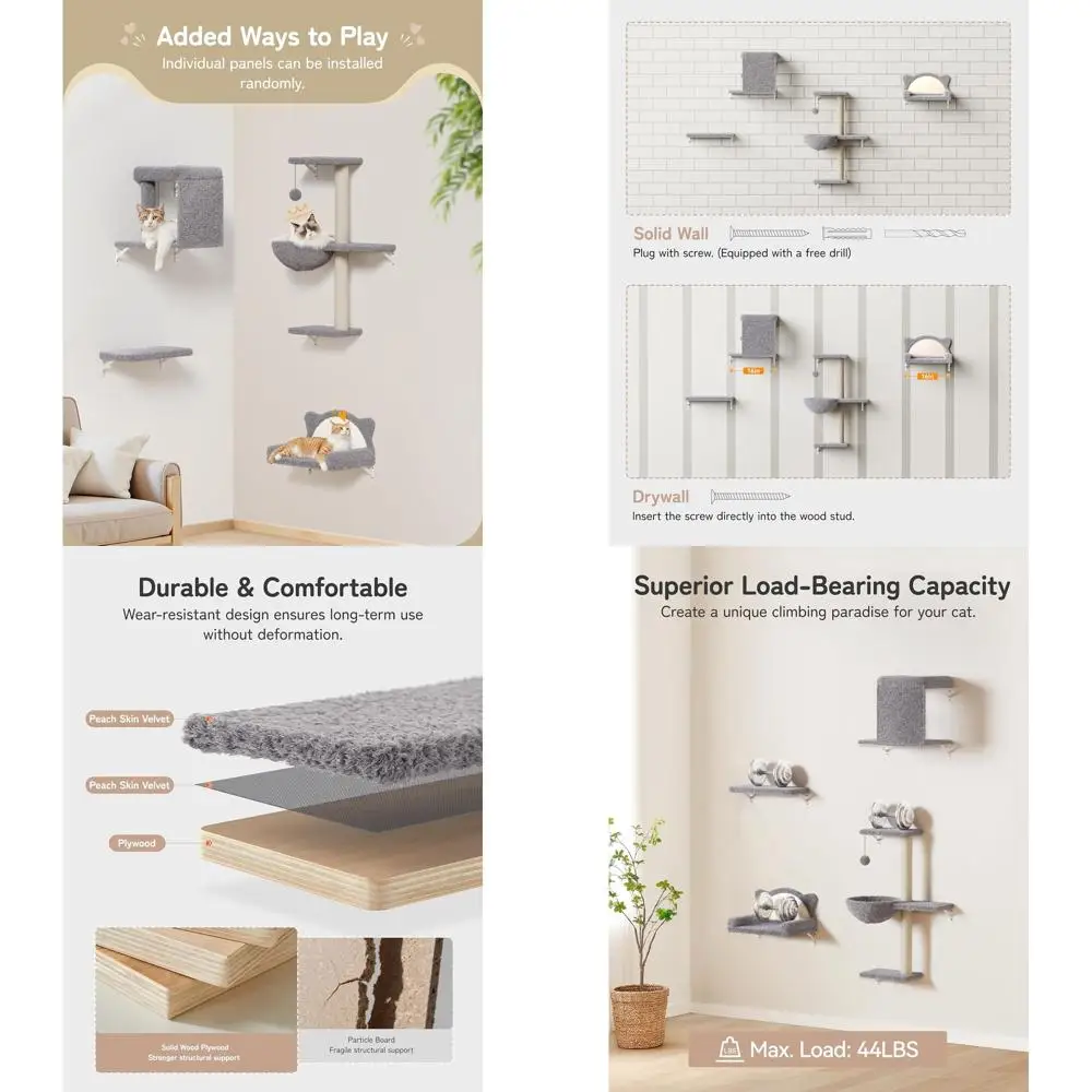 Wall-Mounted Cat Climbing System: Solid Wood & Velvet Shelves, Sisal Scratcher, 44lbs Load, Fits Drywall & Solid Walls - Light G
Wall-Mounted Cat Climbing System: Solid Wood & Velvet Shelves, Sisal Scratcher, 44lbs Load, Fits Drywall & Solid Walls - Light G