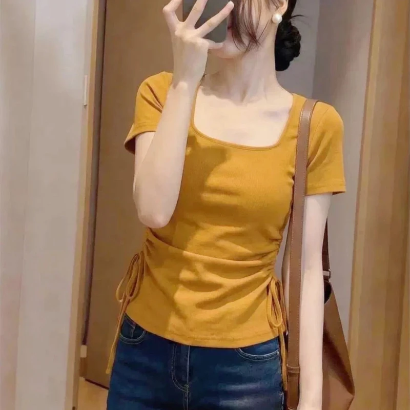 Women's Fashion Solid Shirred Tie T-Shirt Summer New Pullover Versatile Korean Top
Women's Fashion Solid Shirred Tie T-Shirt Summer New Pullover Versatile Korean Top
