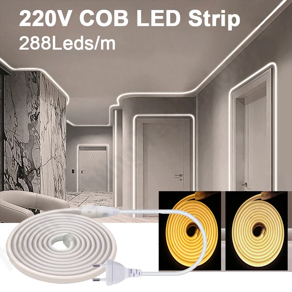 220V COB LED Strip Light 288 Leds/m Flexible Tape IP65 Waterproof for Living Room Garden Lighting with EU Power Plug 1m-35m
220V COB LED Strip Light 288 Leds/m Flexible Tape IP65 Waterproof for Living Room Garden Lighting with EU Power Plug 1m-35m
