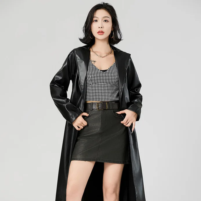 KIDCRKJ Black Spring Women Overcoat Lace Up Lapel Collar Long Cinched Waist Female Leather Coat Temperament Elegant Lady Jacket
KIDCRKJ Black Spring Women Overcoat Lace Up Lapel Collar Long Cinched Waist Female Leather Coat Temperament Elegant Lady Jacket
