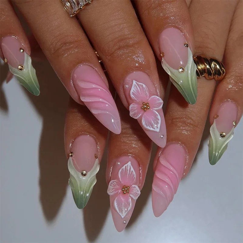 24PCS Blue Gradient French Stick on False Nails Pink 3D Flowers Designs with Pearl Fake Nails Fashionable Reusable Nail Tips Art
24PCS Blue Gradient French Stick on False Nails Pink 3D Flowers Designs with Pearl Fake Nails Fashionable Reusable Nail Tips Art
