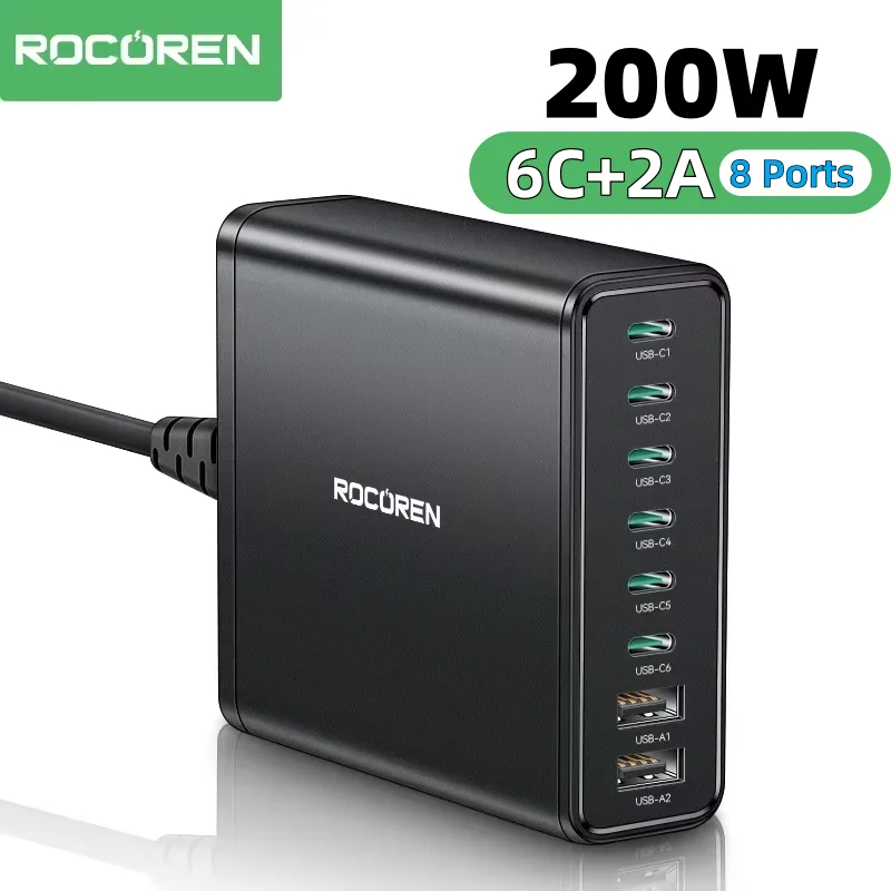 Rocoren 200W 8 Ports USB Type C Charger Desktop PD Fast Charging USBC Type-c Power Station For iPhone 16 Pro Max Samsung Xiaomi
Rocoren 200W 8 Ports USB Type C Charger Desktop PD Fast Charging USBC Type-c Power Station For iPhone 16 Pro Max Samsung Xiaomi
