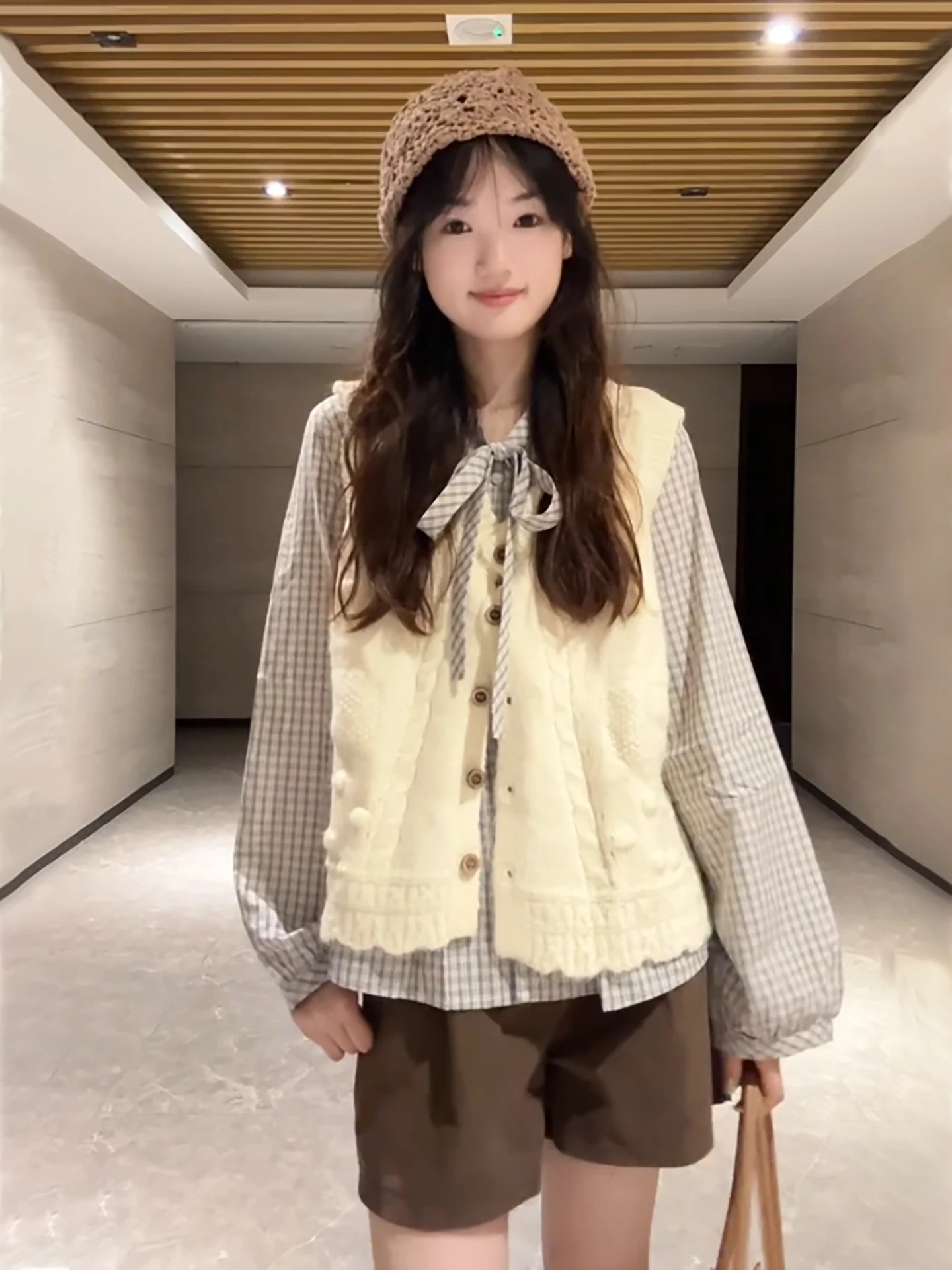 Chic Autumn Fashion Women's Korean Style Knitted Cardigan Vest Plaid Shirt Layering Set Beige Color School Uniform Look
Chic Autumn Fashion Women's Korean Style Knitted Cardigan Vest Plaid Shirt Layering Set Beige Color School Uniform Look