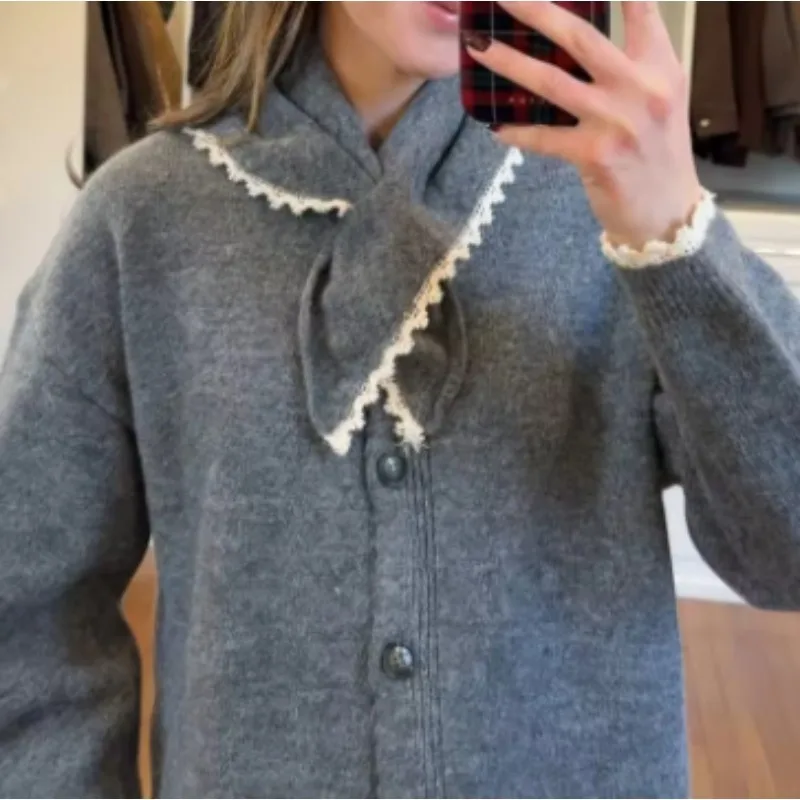 Gray Knit Cardigan with Lace Edge Tie Scarf Neck Oversized Lantern Sleeve Single Breasted Women Casual Daily Sweater Top 260602
Gray Knit Cardigan with Lace Edge Tie Scarf Neck Oversized Lantern Sleeve Single Breasted Women Casual Daily Sweater Top 260602