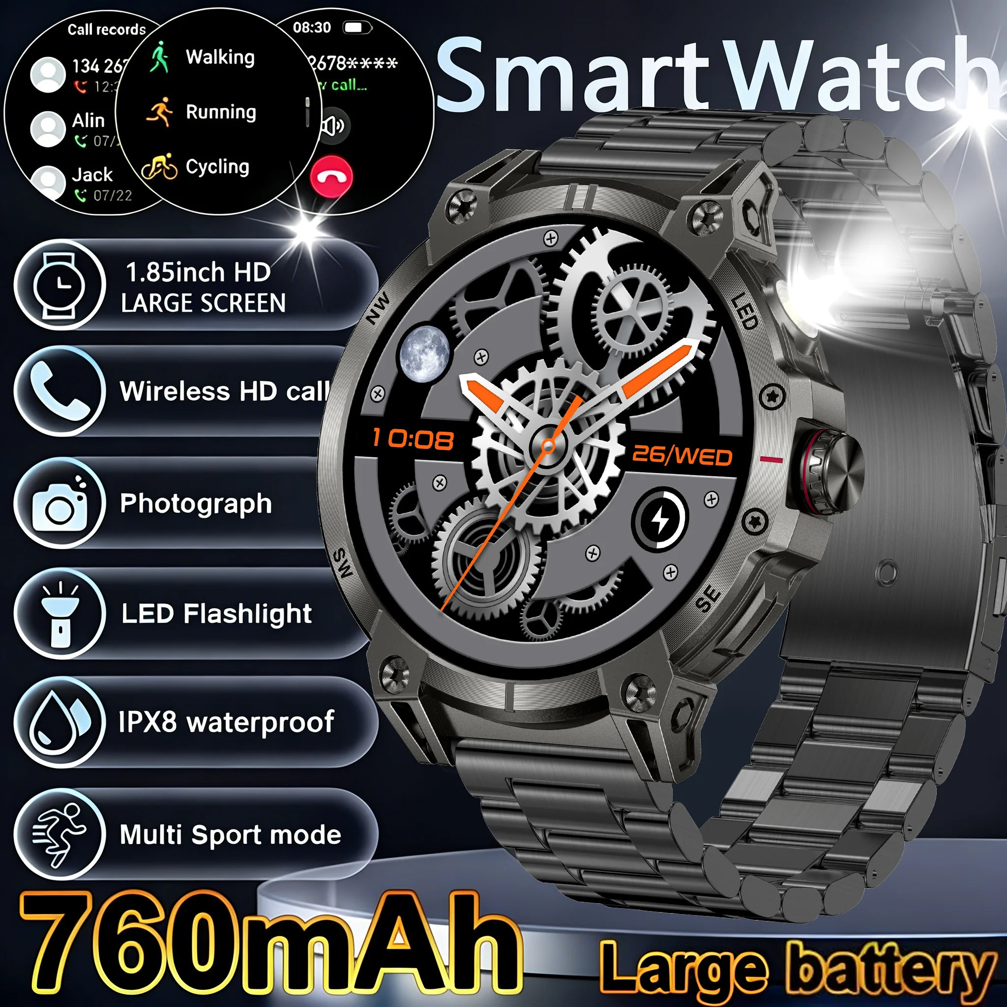 Military smartwatch men,760mAh Bluetooth call,LEDflashlight,compass,1.85HD Large screen,heart rate.blood pressure,LIfewaterproof
Military smartwatch men,760mAh Bluetooth call,LEDflashlight,compass,1.85HD Large screen,heart rate.blood pressure,LIfewaterproof