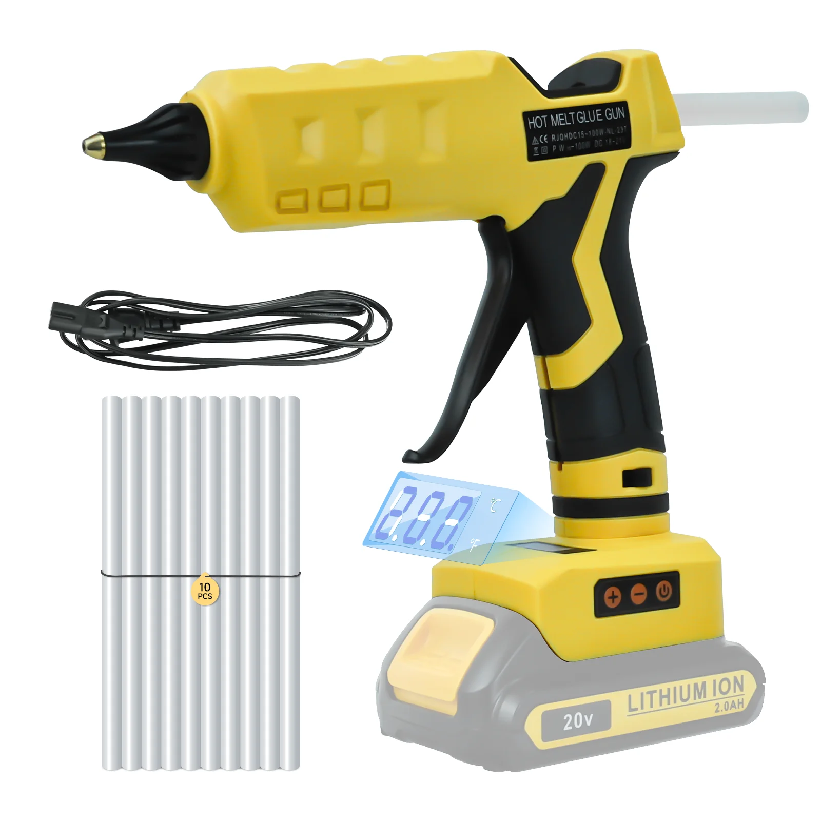100W Electric Hot Melt Glue Gun Digital Display Cordless Repair Tool with 10pcs Glue Sticks Set DIY For Dewalt 20V Battery Pin
100W Electric Hot Melt Glue Gun Digital Display Cordless Repair Tool with 10pcs Glue Sticks Set DIY For Dewalt 20V Battery Pin