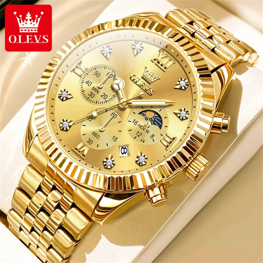 OLEVS Brand Luxury Original Men's Watches Waterproof Moon Phase Quartz Watch Luminous Gold Stainless Steel Strap Male Wristwatch
OLEVS Brand Luxury Original Men's Watches Waterproof Moon Phase Quartz Watch Luminous Gold Stainless Steel Strap Male Wristwatch