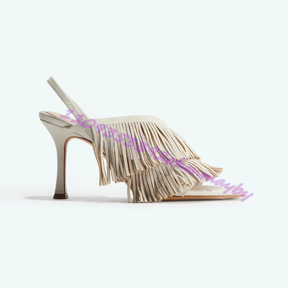 Summer White Suede Tassel High Heels For Women Flowy Open-Toe Stiletto Sandals Fashionable Back Strap Party Wedding Shoes 46
Summer White Suede Tassel High Heels For Women Flowy Open-Toe Stiletto Sandals Fashionable Back Strap Party Wedding Shoes 46