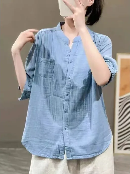 Retro Double Layer Cotton Short Sleeve Shirt Women's Loose Fit Color Versatile Stand Collar Single Button Summer New Style
Retro Double Layer Cotton Short Sleeve Shirt Women's Loose Fit Color Versatile Stand Collar Single Button Summer New Style